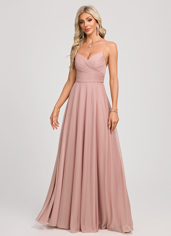 Robe de Soirée Longue Rose Pâle Mesh Plissée Bal - gallery 3