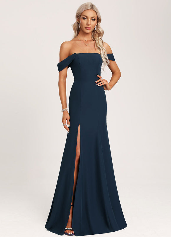 Robe de Soirée Longue Bleue Sirène Épaules Dénudées
