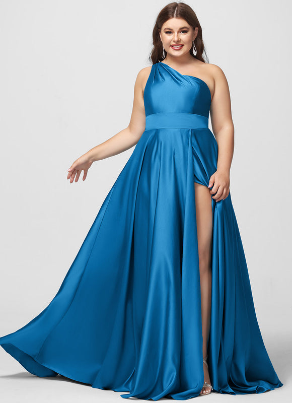 Robe Longue Bleu Satin Balayeuse Bal De Soirée - gallery 4