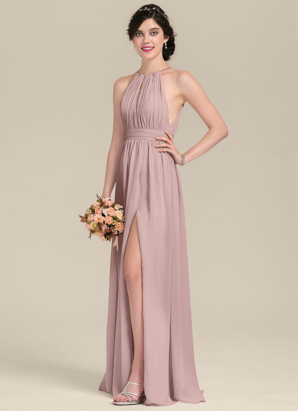 Robe de Soirée Longue Rose Mousseline Avec Nœud Et Volants - gallery 2