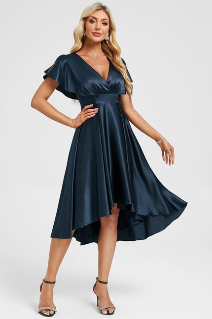 Robe de Soirée Satin Asymétrique Marine