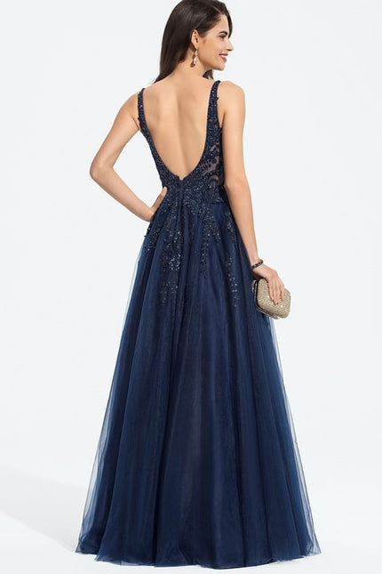 Robe de Soirée Longue Bleue Dentelle Et Paillettes - gallery 1