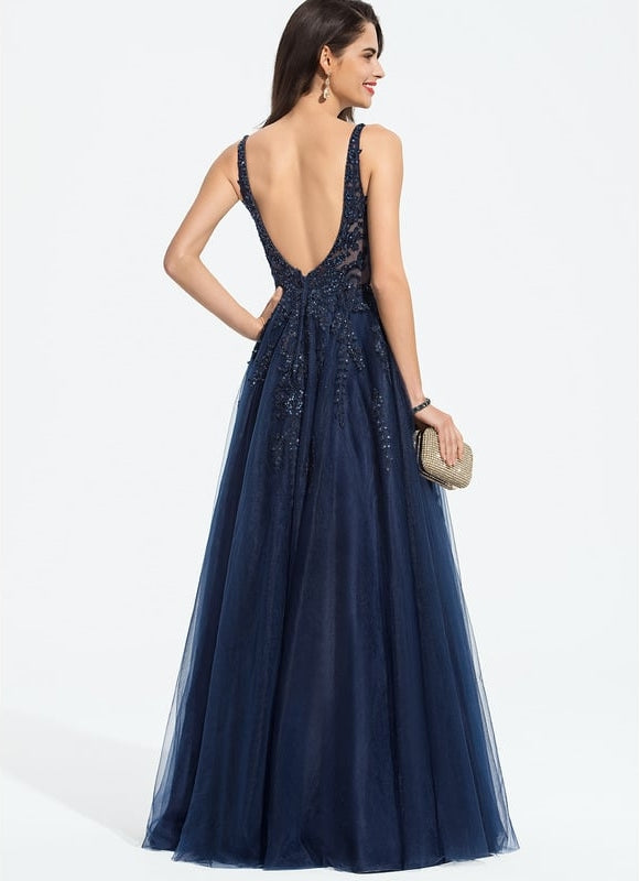 Robe de Soirée Longue Bleue Dentelle Et Paillettes - gallery 1