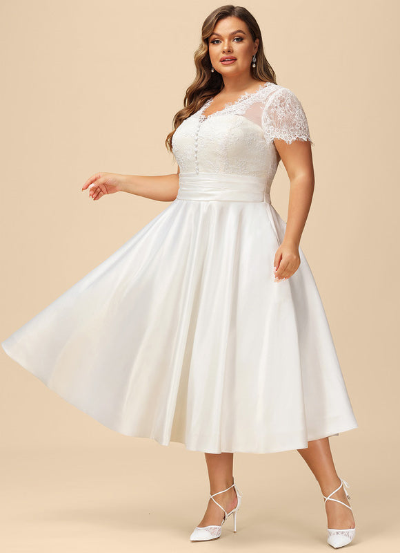Robe de Soirée Longue Blanche En Satin Et Dentelle - gallery 5