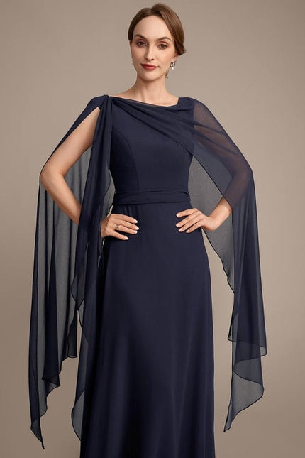 Robe de Soirée Longue Bleue En Mousseline Avec Nœud Plissé - gallery 1