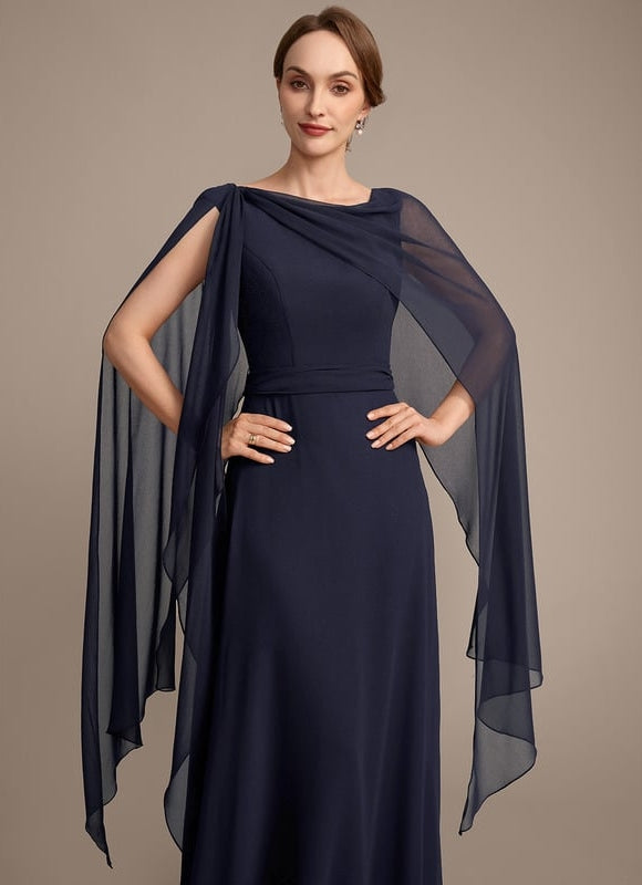 Robe de Soirée Longue Bleue En Mousseline Avec Nœud Plissé - gallery 1
