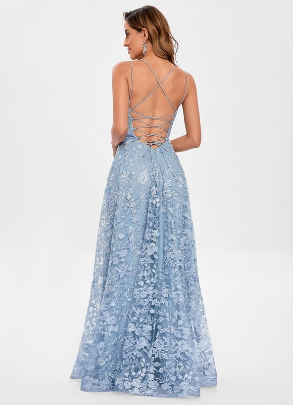 Robe de Soirée Bleu Poudré Floral - gallery 5