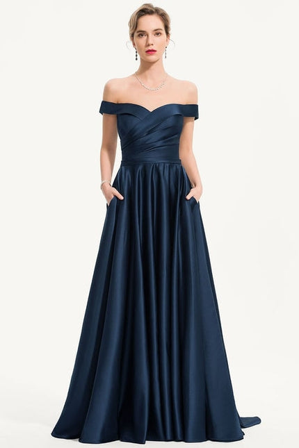 Robe Longue Bleu Soirée Satin Balayage Princesse