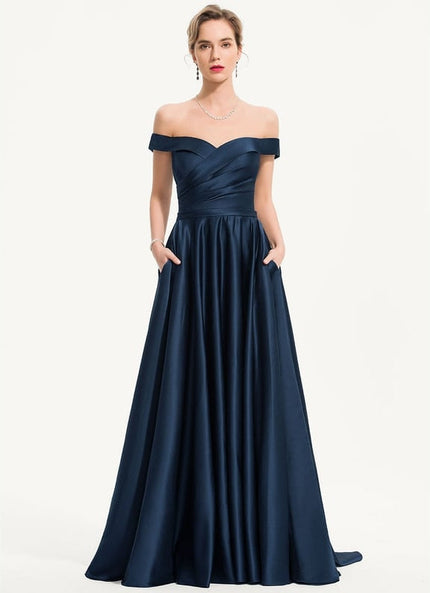 Robe Longue Bleu Soirée Satin Balayage Princesse