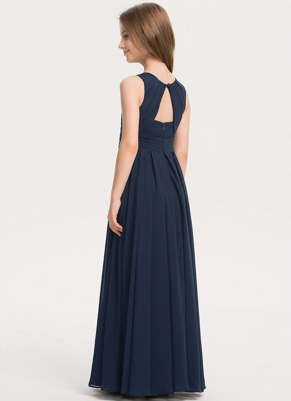 Robe de Soirée Longue Bleue En Mousseline Pour Demoiselle D'Honneur - gallery 4