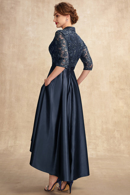 Robe de Soirée Longue Bleu Satin Dentelle Paillettes - gallery 6