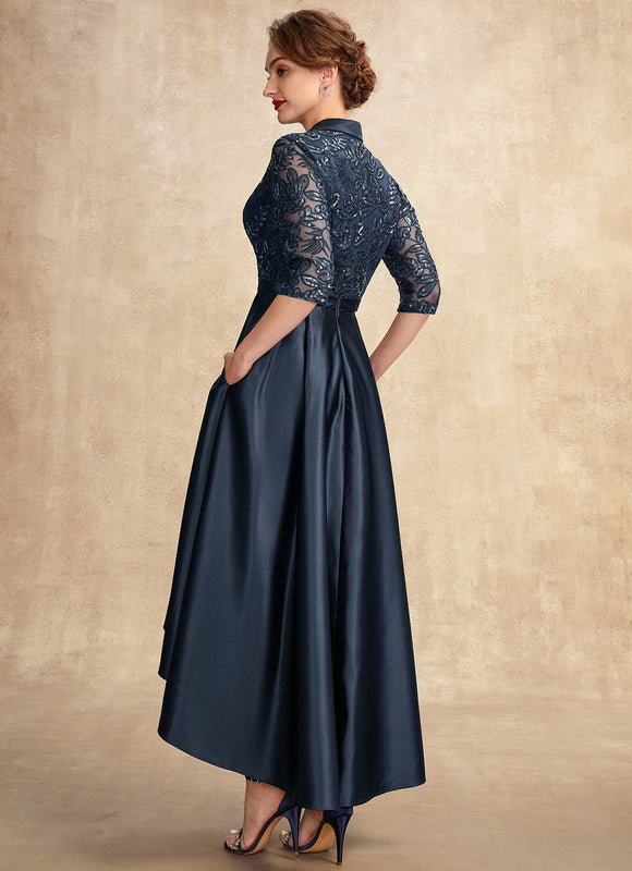 Robe de Soirée Longue Bleu Satin Dentelle Paillettes - gallery 6