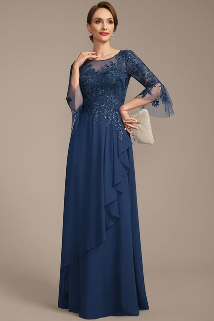 Robe de Soirée Longue Bleu Marine Dentelle Mousseline Volants - gallery 2