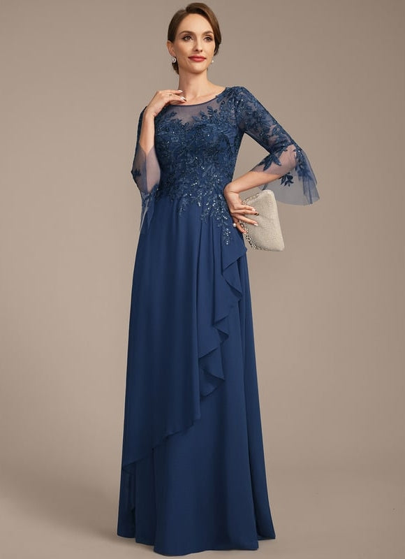 Robe de Soirée Longue Bleu Marine Dentelle Mousseline Volants - gallery 2