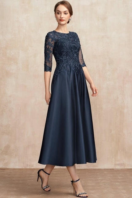 Robe de Soirée Longue Bleue Satin Dentelle Paillettes - gallery 4