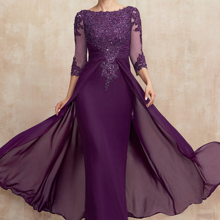Robe de Soirée Longue Bordeaux En Mousseline Dentelle Perles