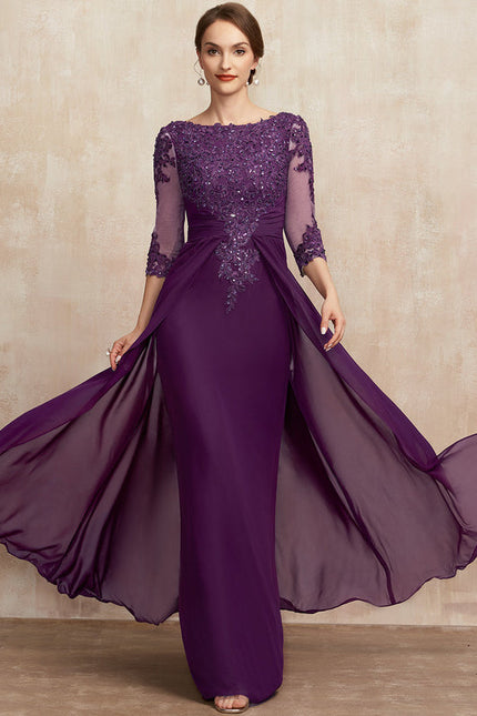 Robe de Soirée Longue Bordeaux En Mousseline Dentelle Perles