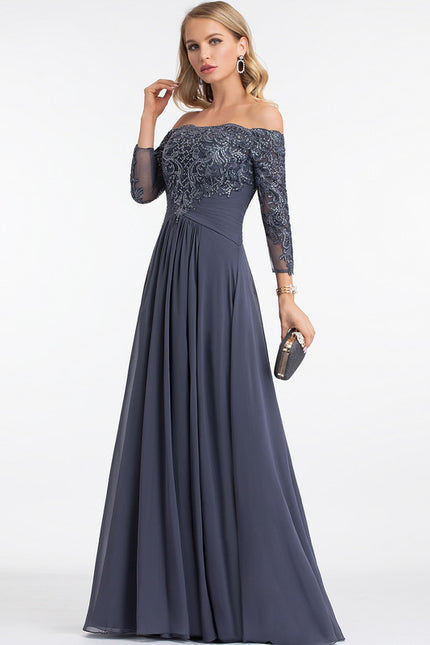 Robe de Soirée Longue Bleue Dentelle Paillettes - gallery 2