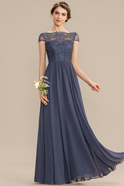 Robe de Soirée Longue Bleu Marine Dentelle Mousseline