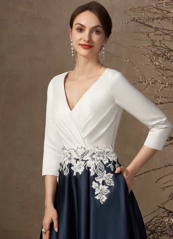 Robe de Soirée Longue Blanche Et Bleue Satin À Dentelle - gallery 2