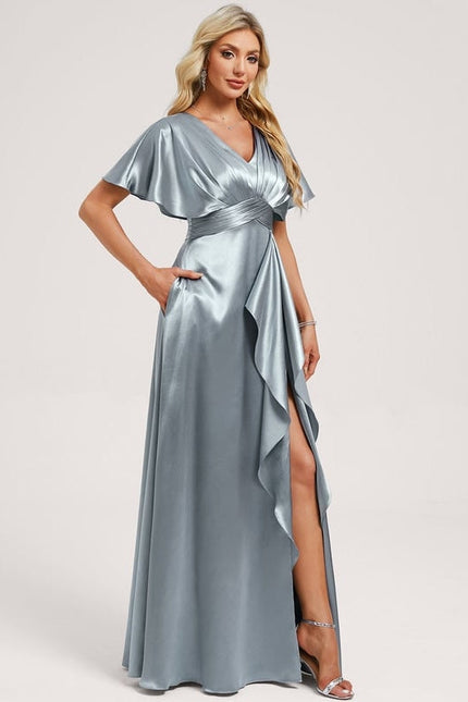 Robe de Soirée Satin Vert Pâle - gallery 1