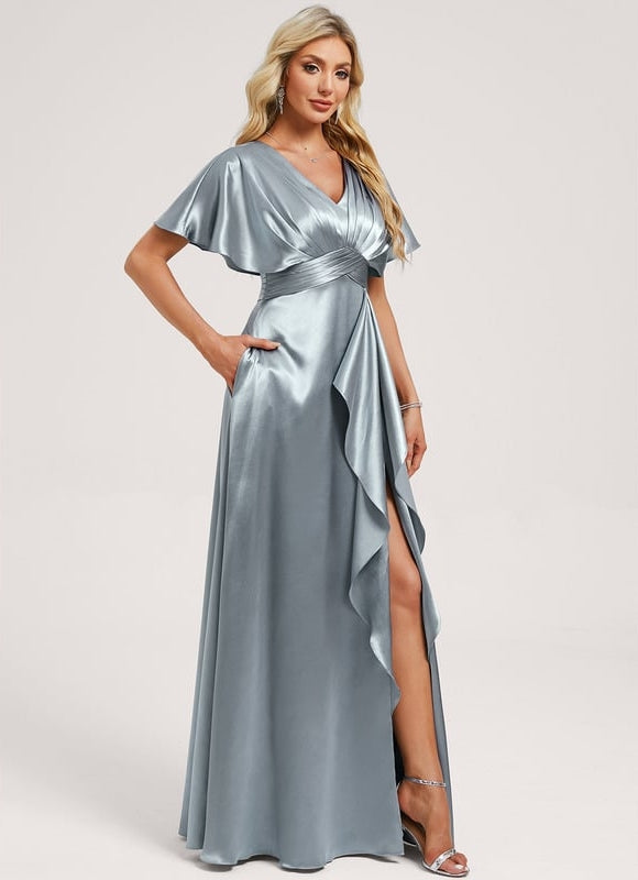 Robe de Soirée Satin Vert Pâle - gallery 1