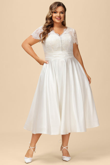 Robe de Soirée Longue Blanche En Satin Et Dentelle - gallery 6