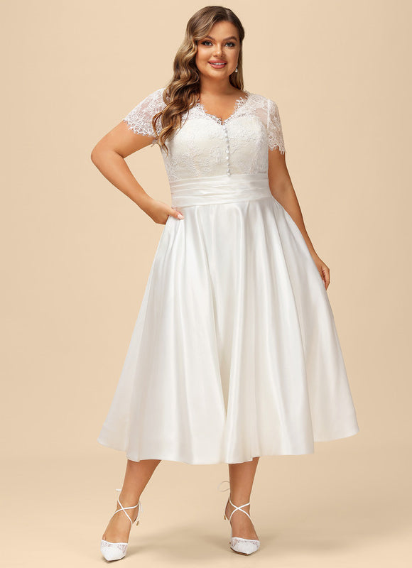 Robe de Soirée Longue Blanche En Satin Et Dentelle - gallery 6