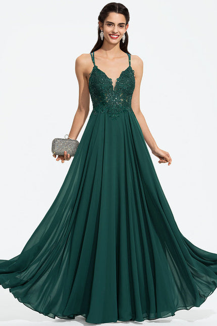 Robe Longue Vert Mousseuline Élégante Soirée - gallery 2