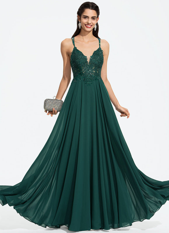 Robe Longue Vert Mousseuline Élégante Soirée - gallery 2