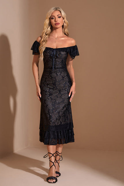 Robe de Soirée Silhouette Florale Noir