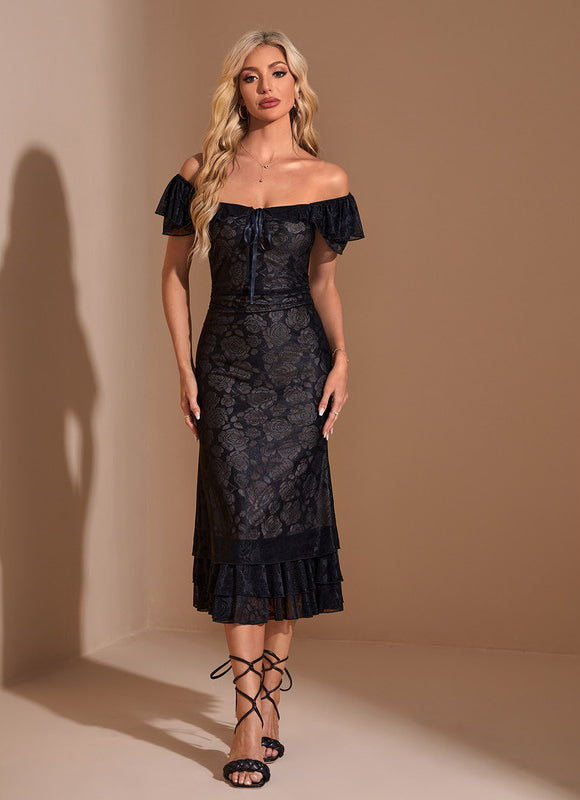 Robe de Soirée Silhouette Florale Noir