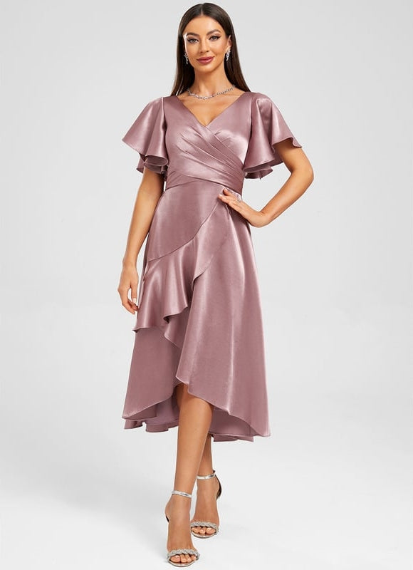 Robe de Soirée Satin Asymétrique Marine - gallery 3