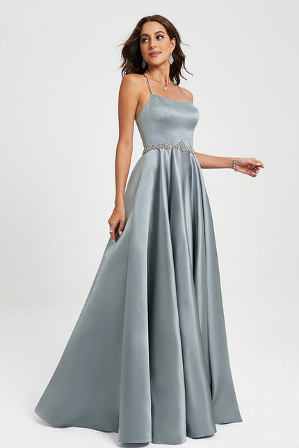 Robe de Soirée Longue Bleu Satin Strass Bal - gallery 4