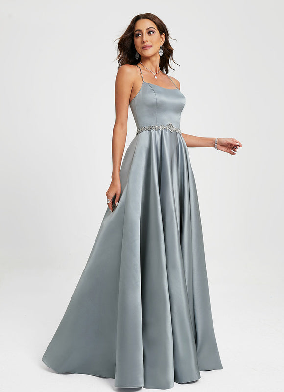 Robe de Soirée Longue Bleu Satin Strass Bal - gallery 4