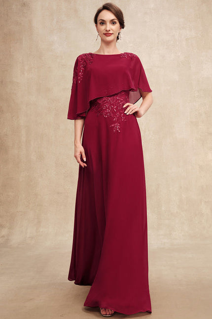 Robe de Soirée Longue Bordeaux En Mousseline Dentelle Perles