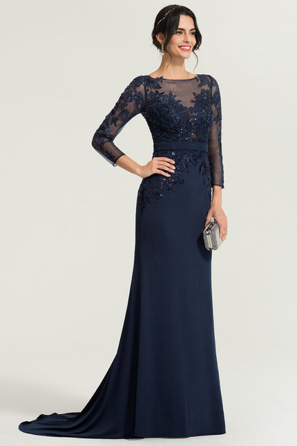 Robe de Soirée Longue Bleue En Dentelle Élégante - gallery 5