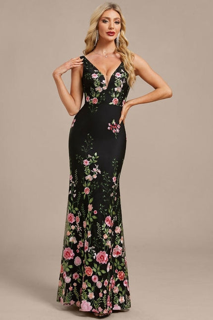 Robe de Soirée Noire Florale