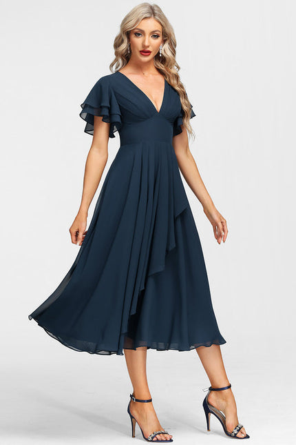 Robe de Soirée Longue Bleue Mousseline À Volants - gallery 2