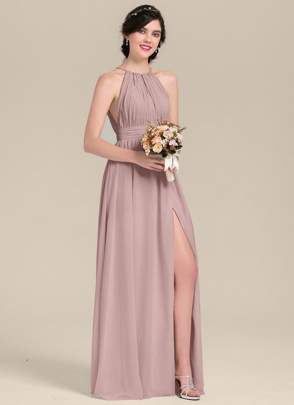 Robe de Soirée Longue Rose Mousseline Avec Nœud Et Volants - gallery 1
