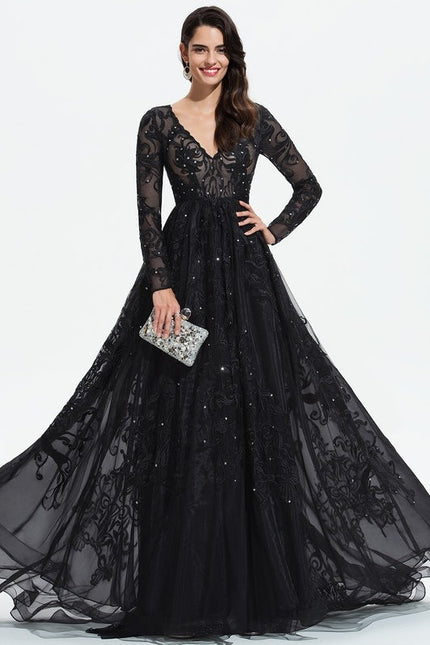 Robe Longue Noire Dentelle Paillettes Soirée - gallery 2