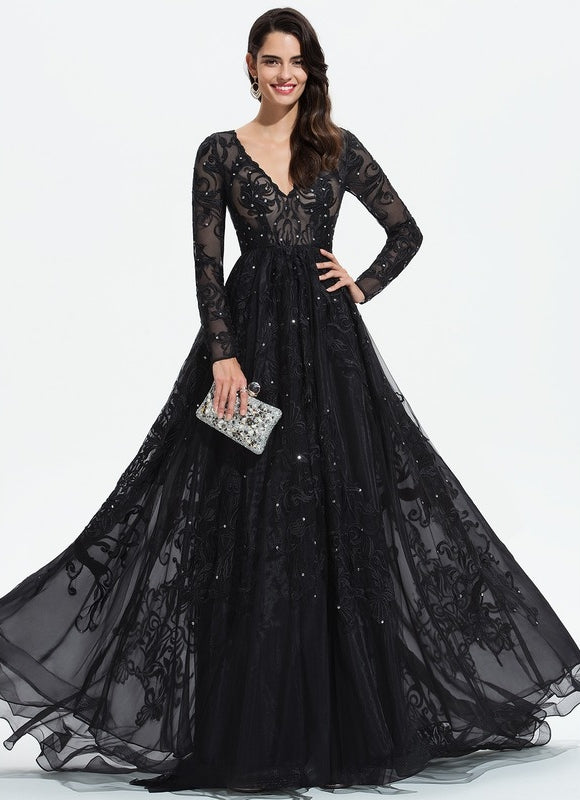 Robe Longue Noire Dentelle Paillettes Soirée - gallery 2
