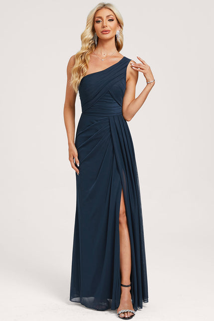 Robe de Soirée Longue Bleu Marine Décolletée Asymétrique - gallery 2