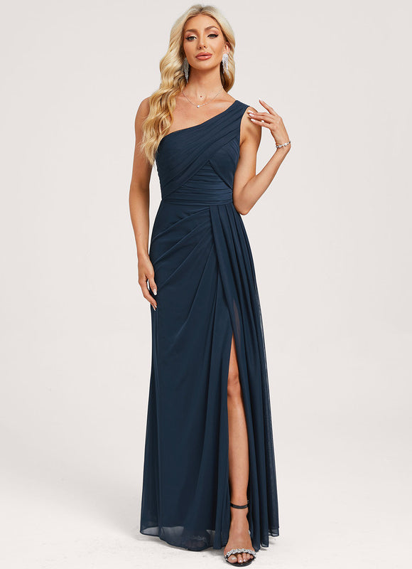 Robe de Soirée Longue Bleu Marine Décolletée Asymétrique - gallery 2