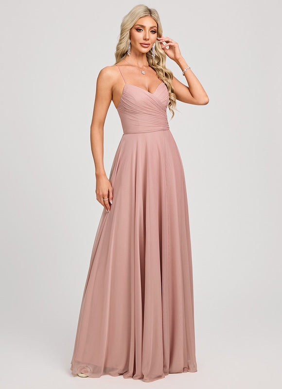 Robe de Soirée Longue Rose Pâle Mesh Plissée Bal - gallery 1