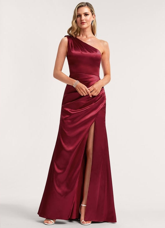 Robe de Soirée Asymétrique Satin Rubis