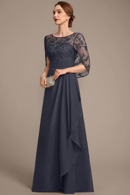 Robe de Soirée Longue Bleu Marine Dentelle Mousseline Volants - gallery 4
