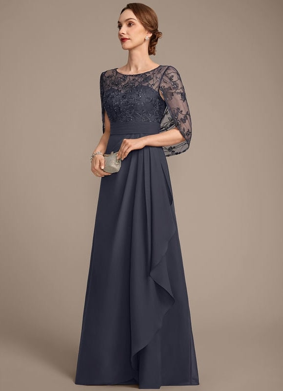 Robe de Soirée Longue Bleu Marine Dentelle Mousseline Volants - gallery 4