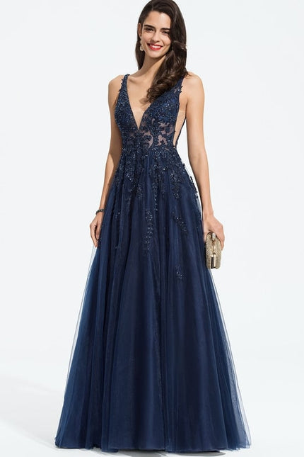 Robe de Soirée Longue Bleue Dentelle Et Paillettes