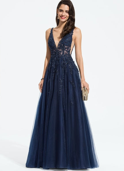 Robe de Soirée Longue Bleue Dentelle Et Paillettes